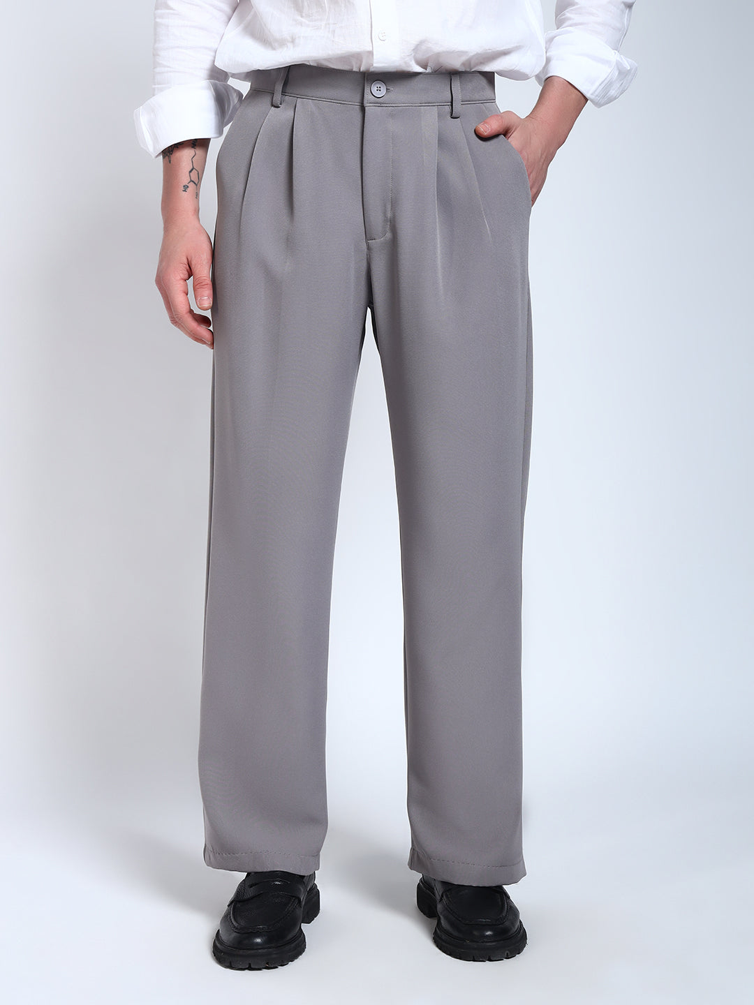 Light Grey Solid Pleated Korean Pants