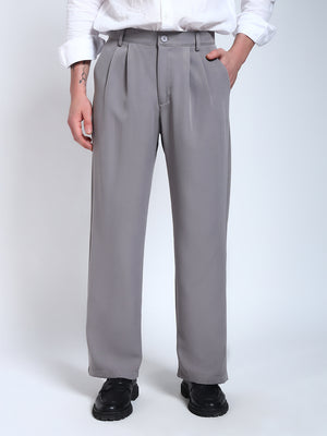 Light Grey Solid Pleated Korean Pants
