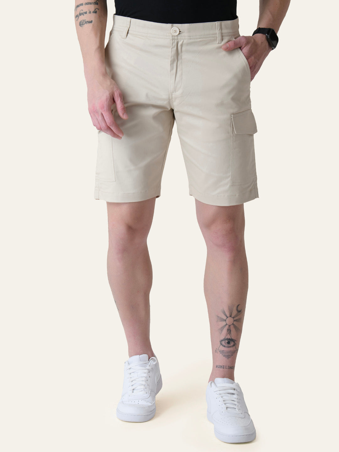 Twill Cotton Cream Solid Shorts