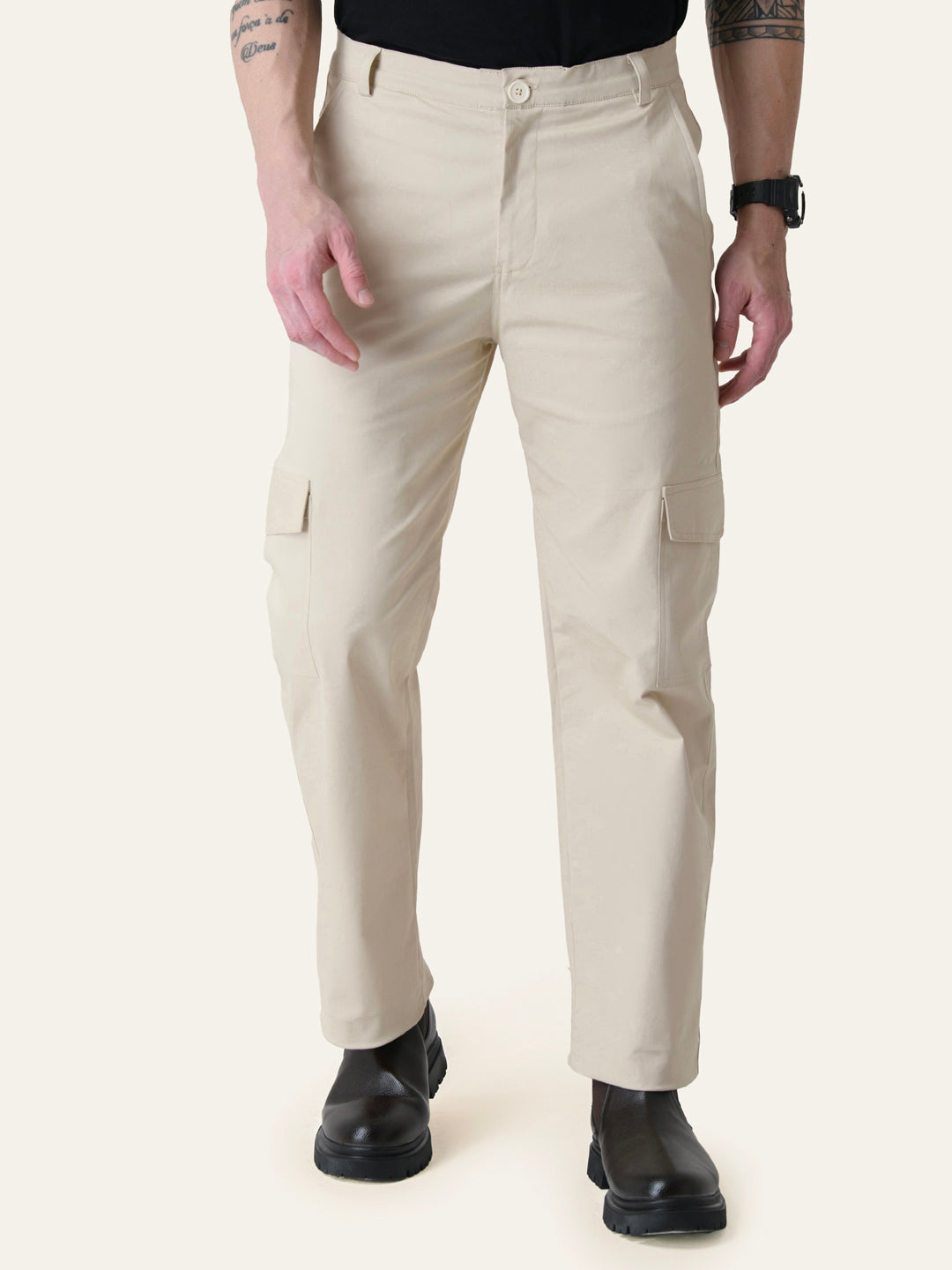 Beige Solid Cargo Pants