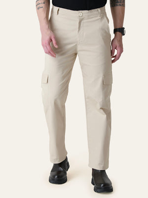 Beige Solid Cargo Pants