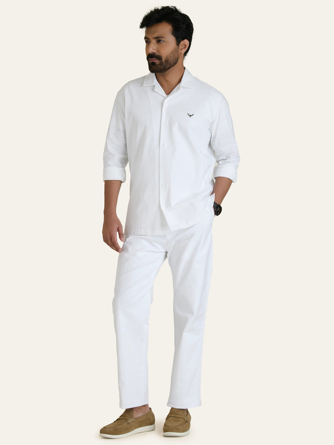 White Linen Solid Shirt Pants Co-ord Set.