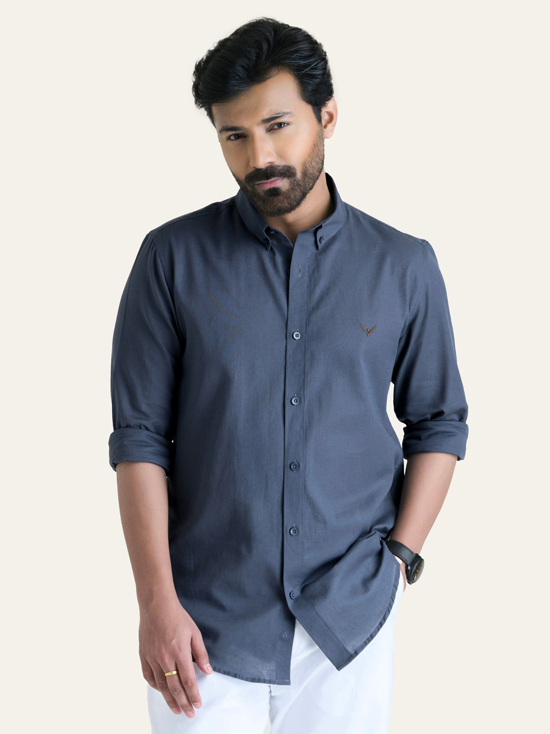 Dark Grey Solid Slim Fit Linen Cotton Shirt
