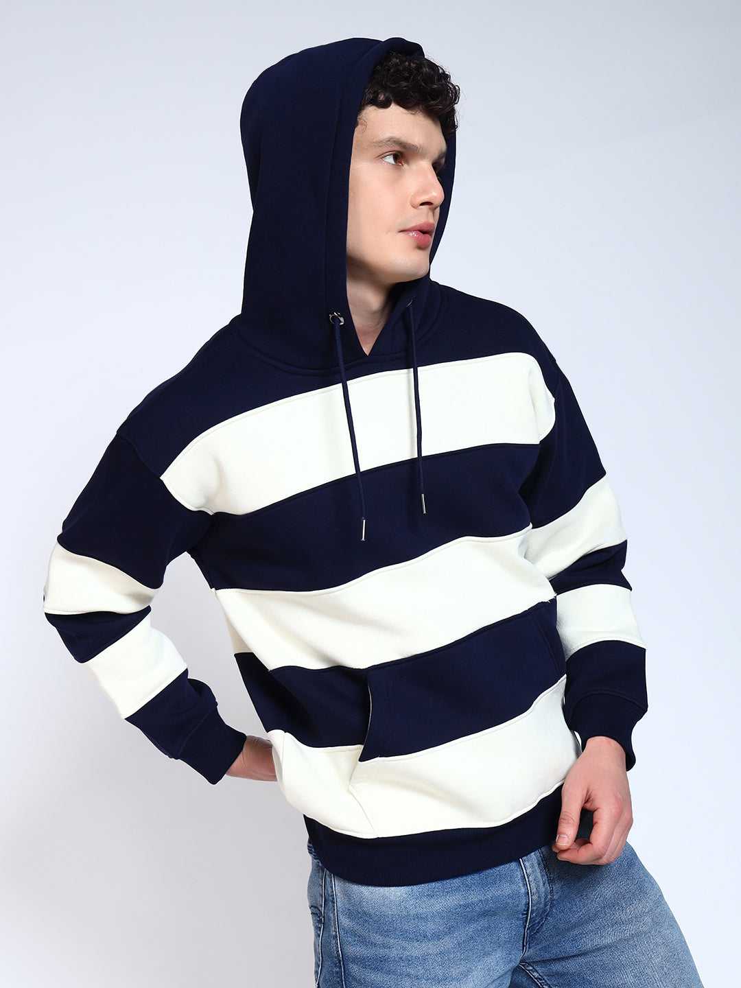 Navy Blue Striped Regular Fit Hoodie Sweatshirt