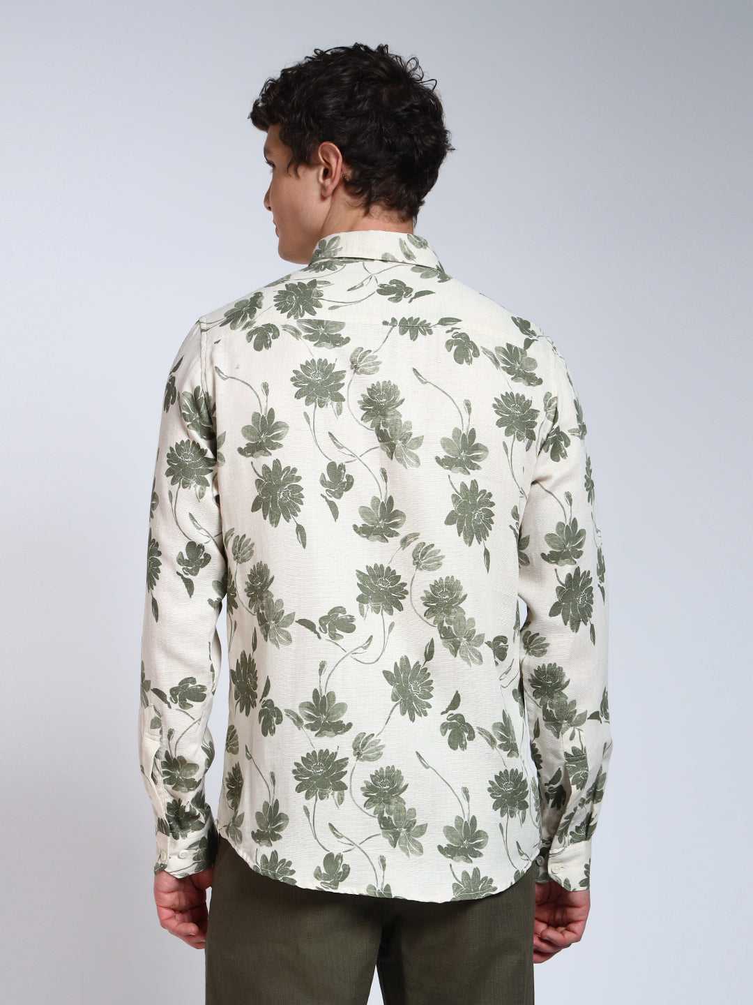 Cream & Green Printed Slim Fit Pre-Washed Linen Cotton Shirt