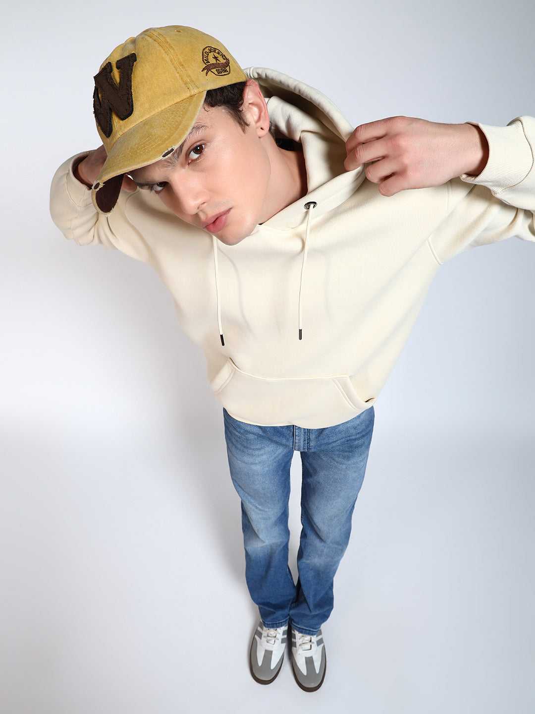 Cream Solid Regular Fit Hoodie Sweatshirt