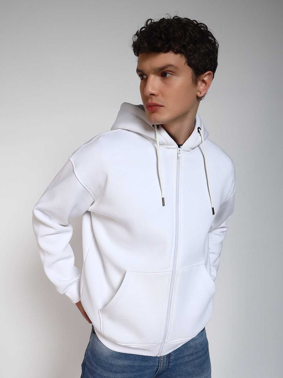 White Solid Regular Fit Zipper Hoodie Sweatshirt