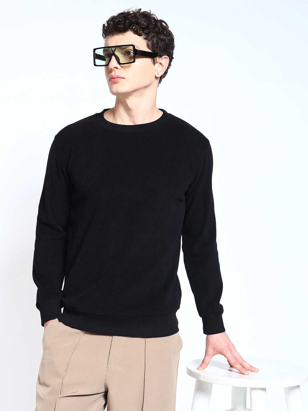 Black Solid textured Sweat Knit Sweater