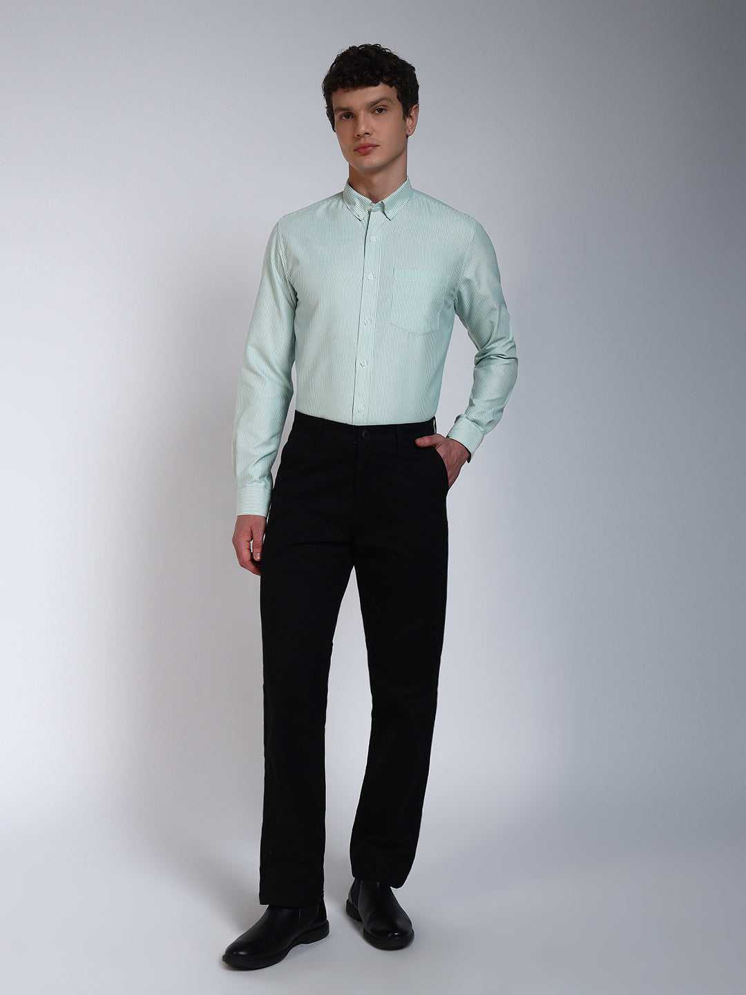 Aqua Green Striped Slim Fit Cotton Shirt