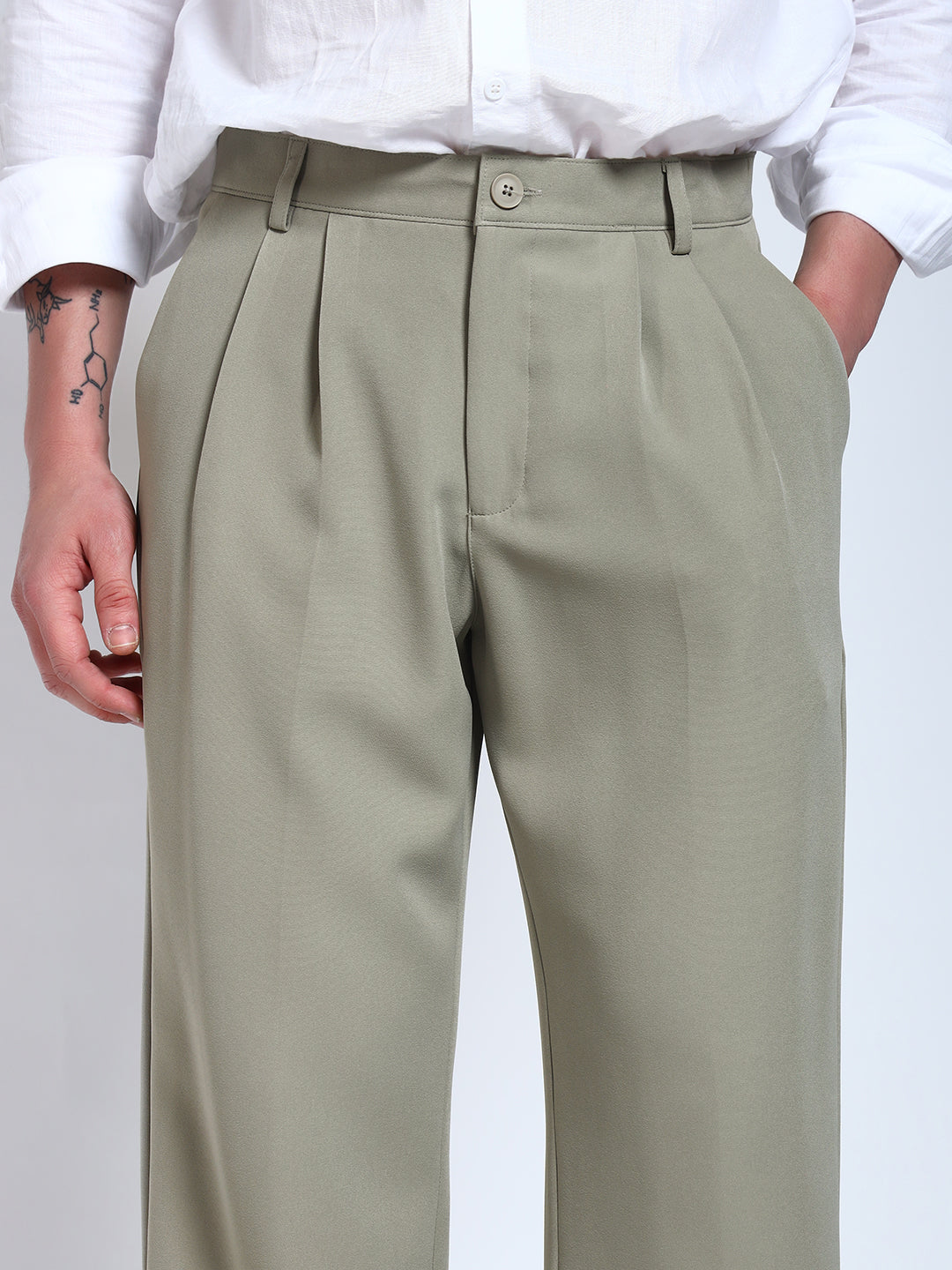 Light Pista Green Solid Pleated Korean Pants
