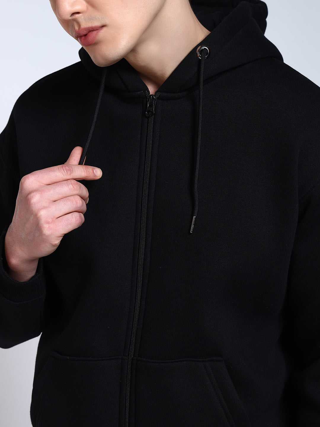 Black Solid Regular Fit Zipper Hoodie Sweatshirt