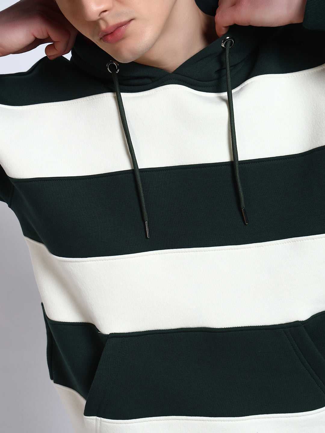 Bottle Green Striped Regular Fit Hoodie Sweatshirt