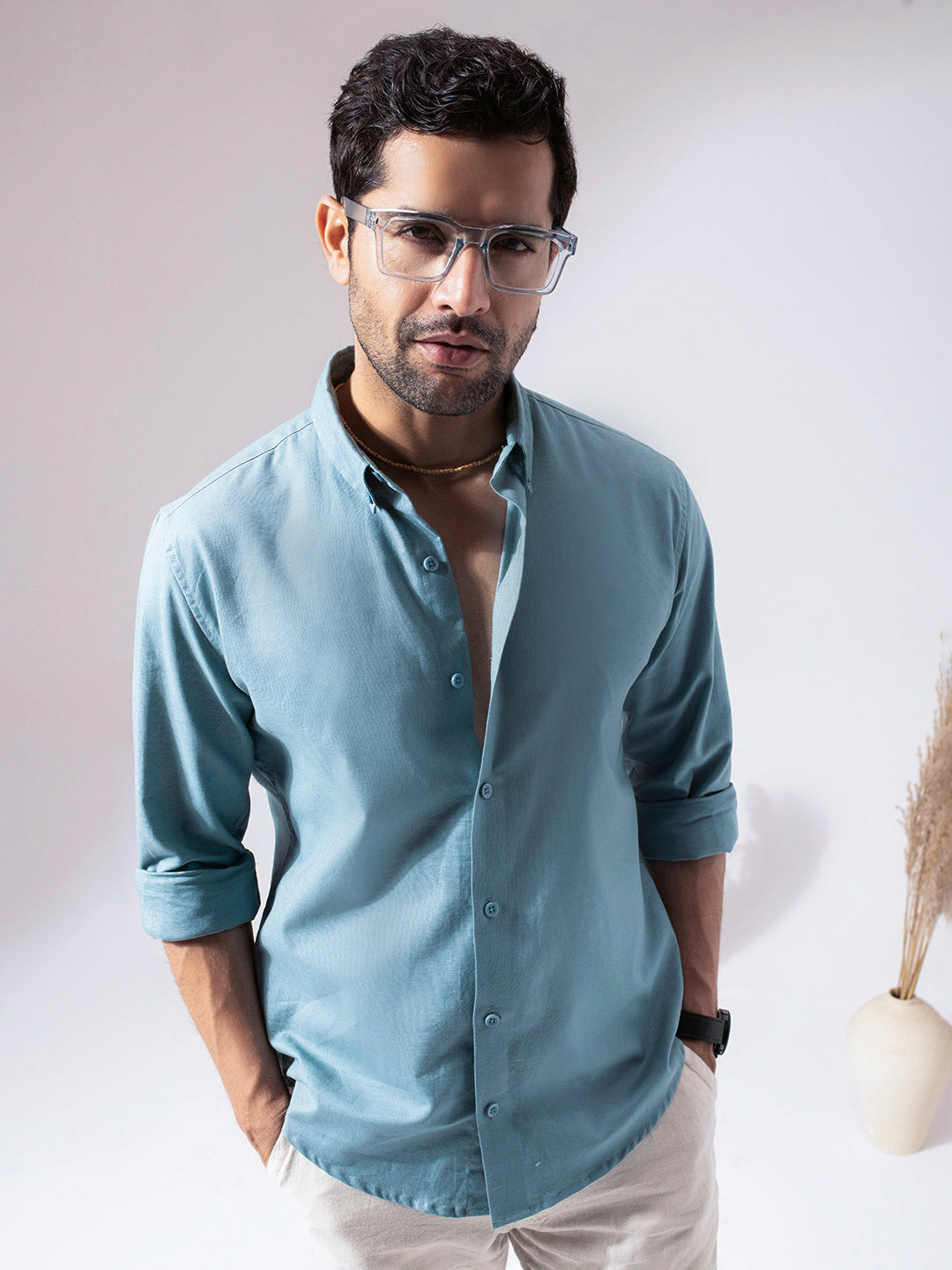 Aqua Blue Linen Blend Shirt