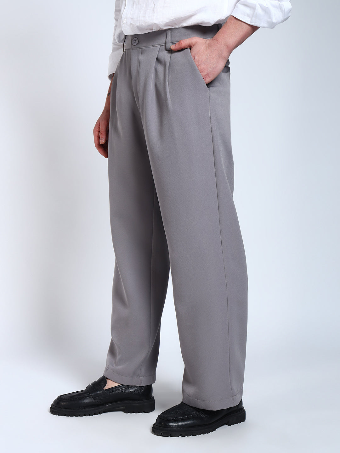 Light Grey Solid Pleated Korean Pants