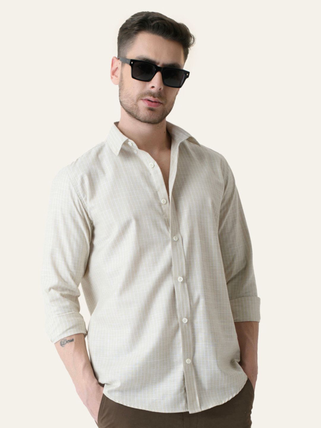 Beige Striped Slim Fit Linen Cotton Shirt