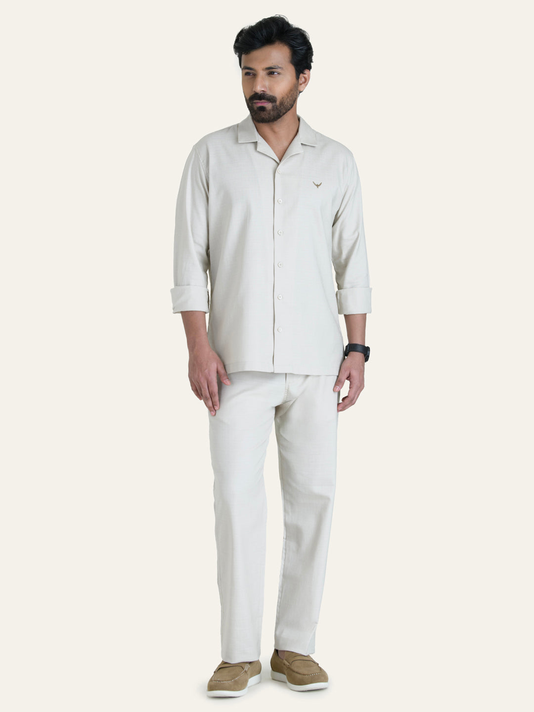 Beige Linen Solid Shirt Pants Co-ord Set.