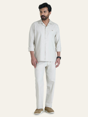 Beige Linen Solid Shirt Pants Co-ord Set.