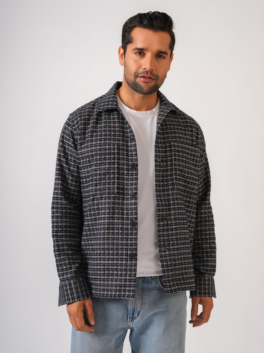 Navy Blue Checked Cotton Shacket Over-Shirt