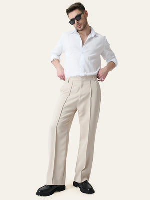 Cream Solid Pintuck Korean Pants