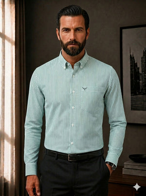 Aqua Green Striped Slim Fit Cotton Shirt