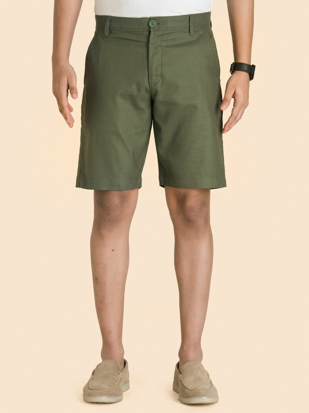 Olive Green Linen Solid Shorts