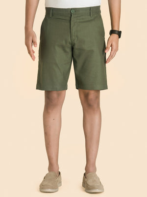 Olive Green Linen Solid Shorts