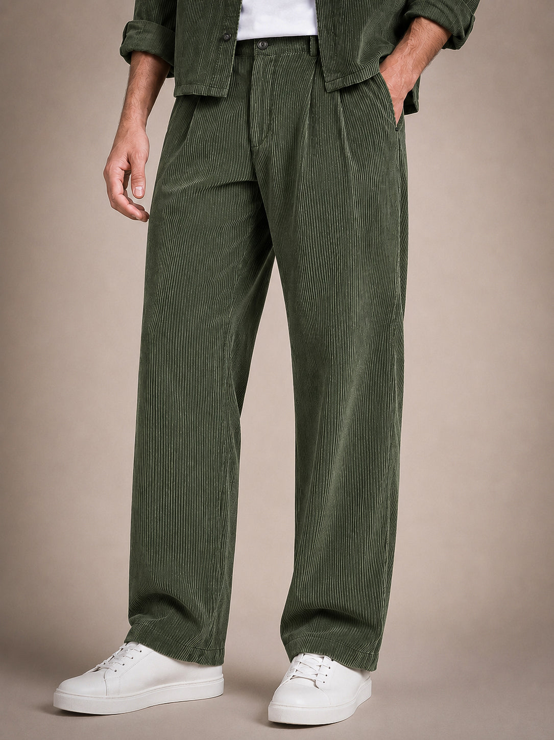 Olive Green Corduroy Regular Fit Pleated Trouser