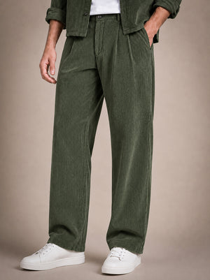 Olive Green Corduroy Regular Fit Pleated Trouser