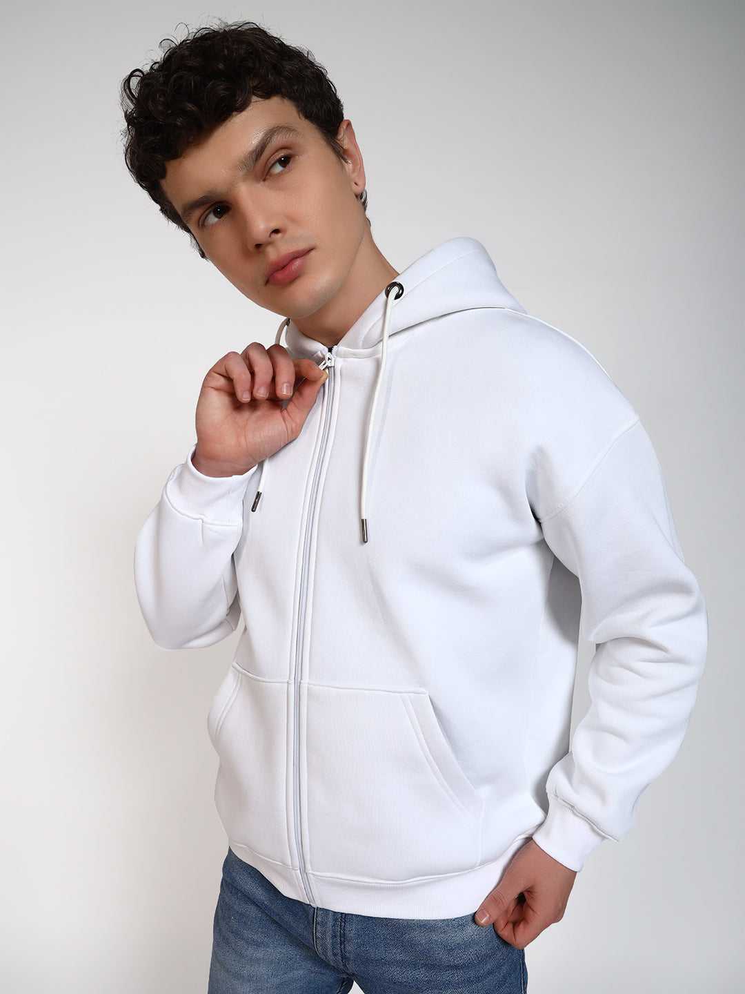 White Solid Regular Fit Zipper Hoodie Sweatshirt
