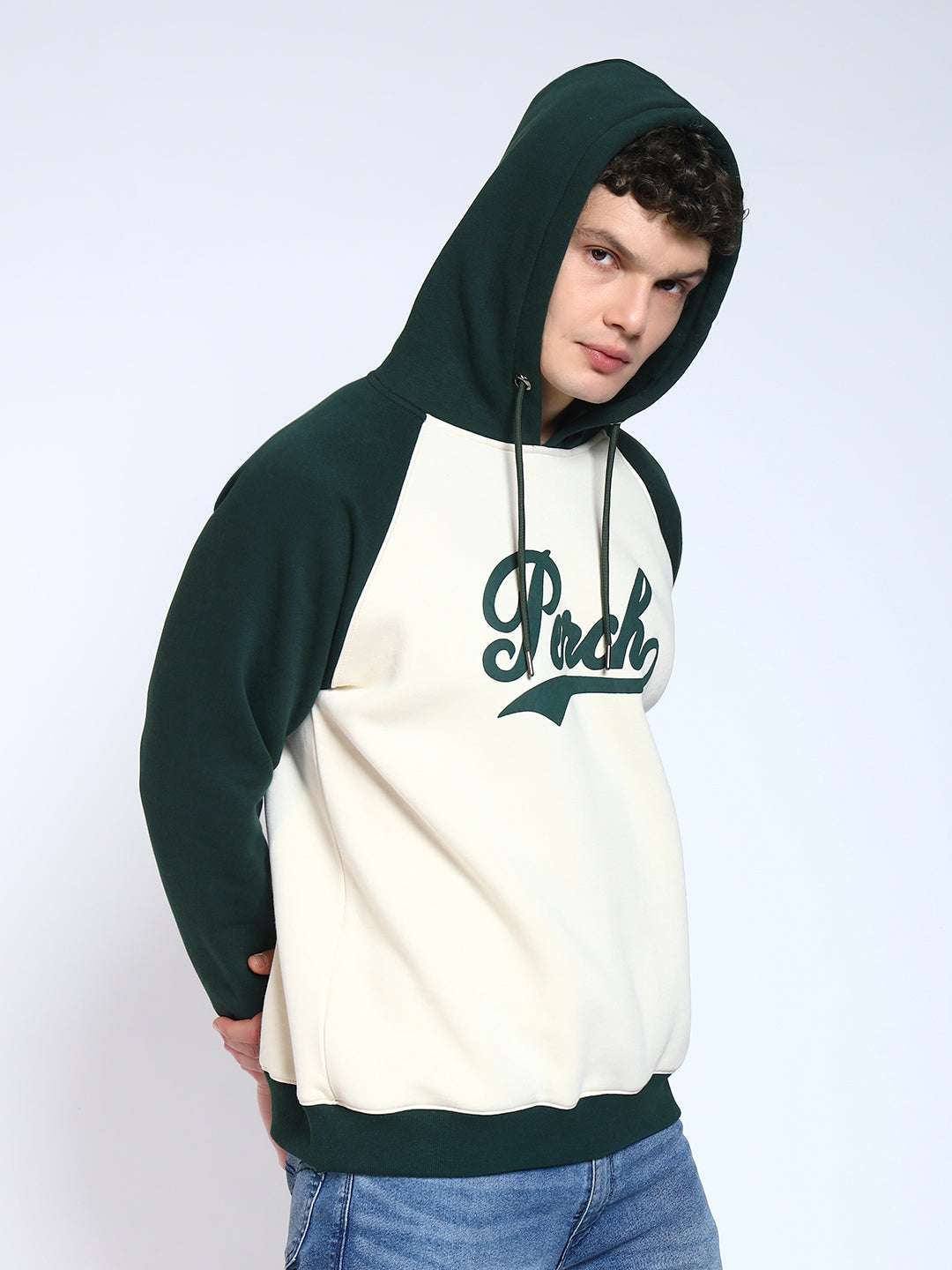 Bottle Green Colour Blocked Regular Fit Hoodie Sweatshirt