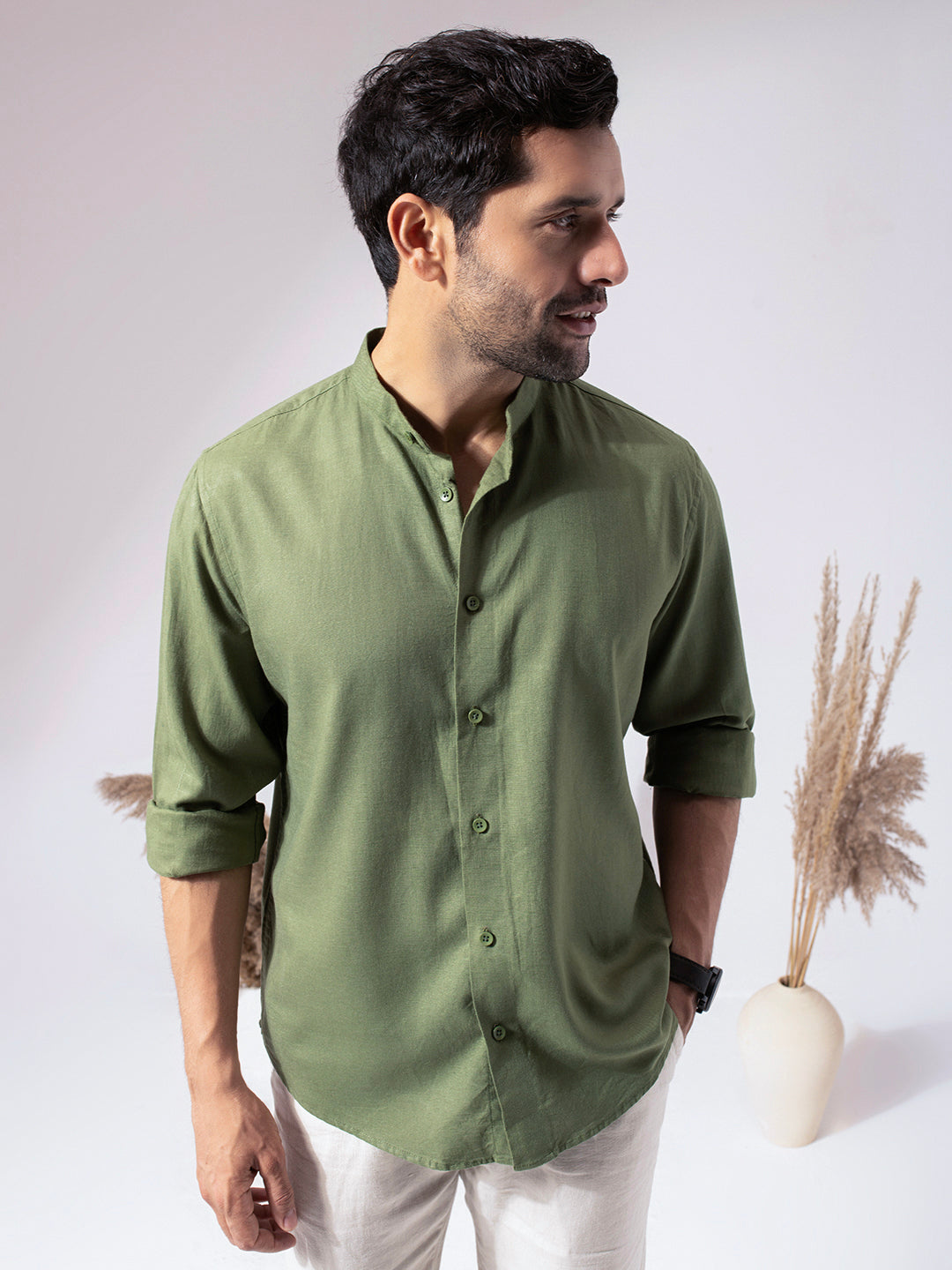 Green Band Collar Linen Blend Shirt
