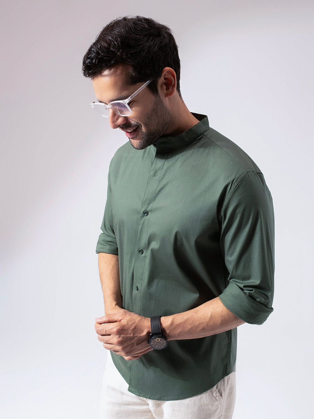 Green Band Collar Solid Cotton Shirt