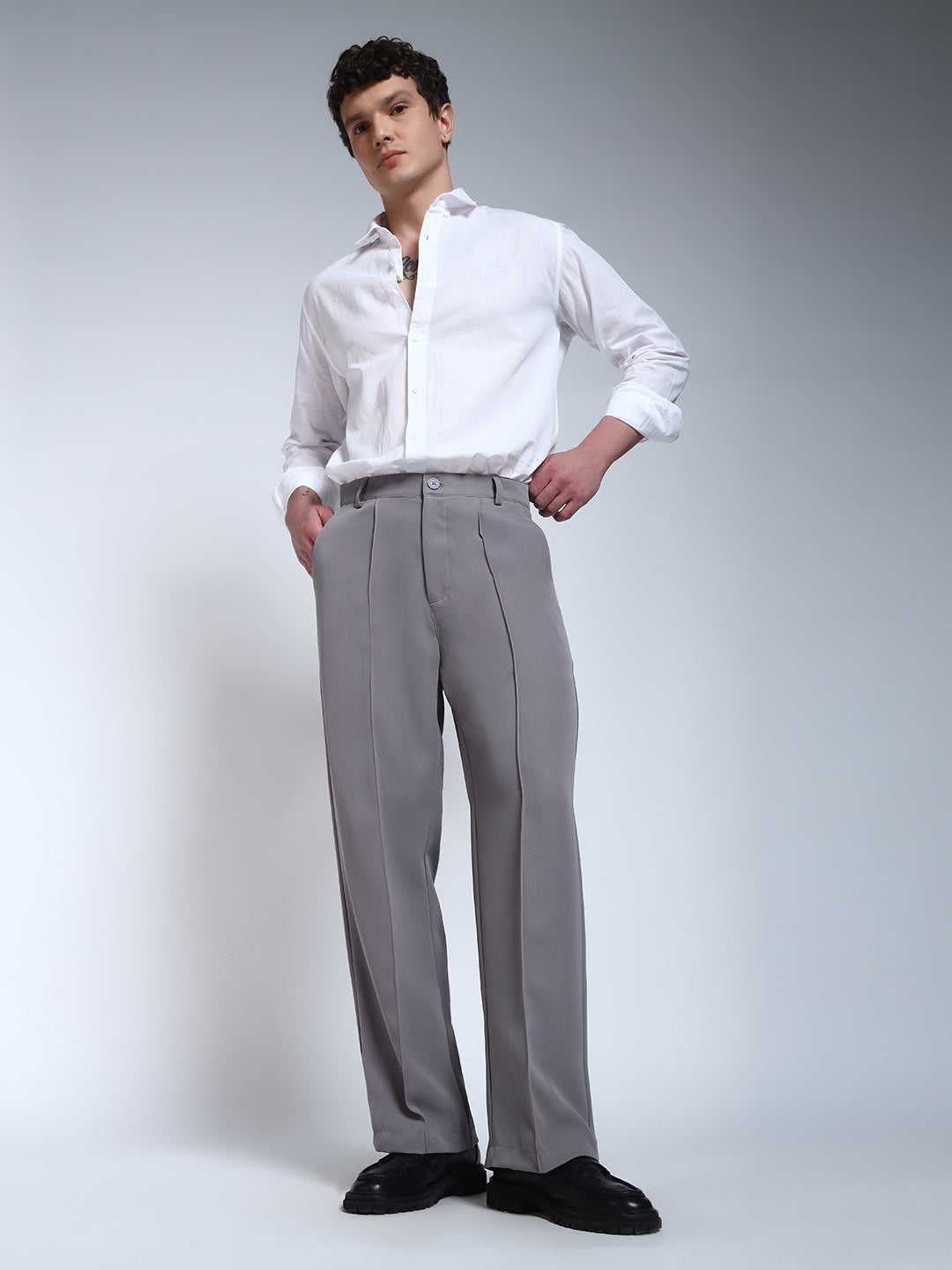 Light Grey Solid Pintuck Korean Pants