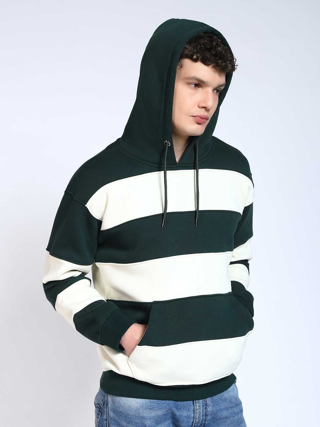 Bottle Green Striped Regular Fit Hoodie Sweatshirt