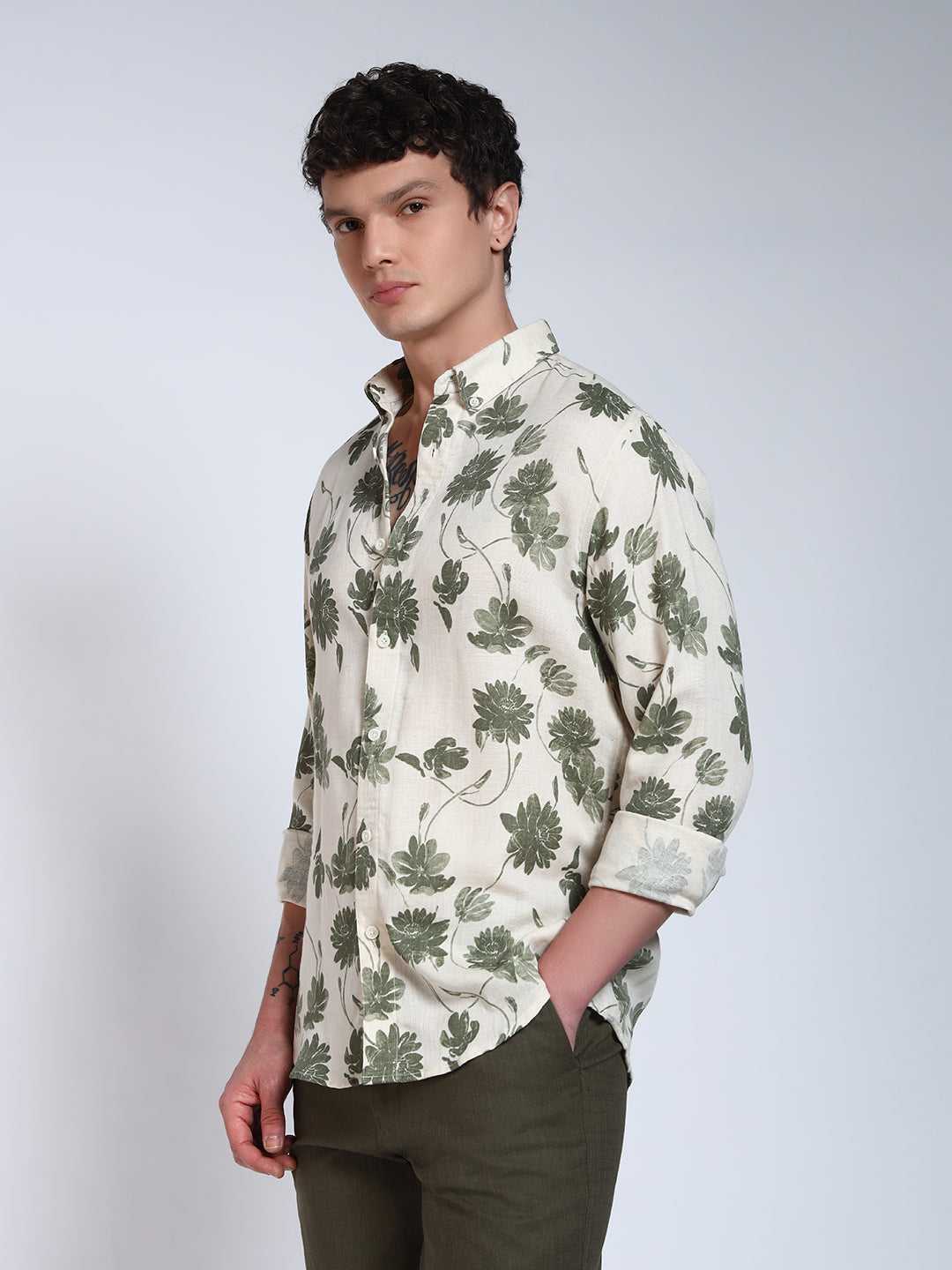 Cream & Green Printed Slim Fit Pre-Washed Linen Cotton Shirt