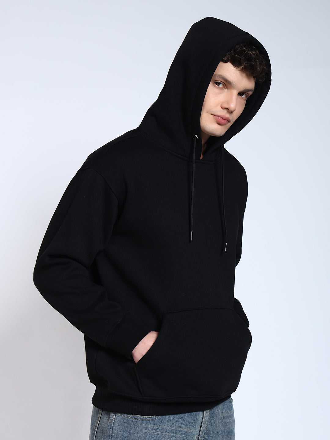 Black Solid Regular Fit Hoodie Sweatshirt
