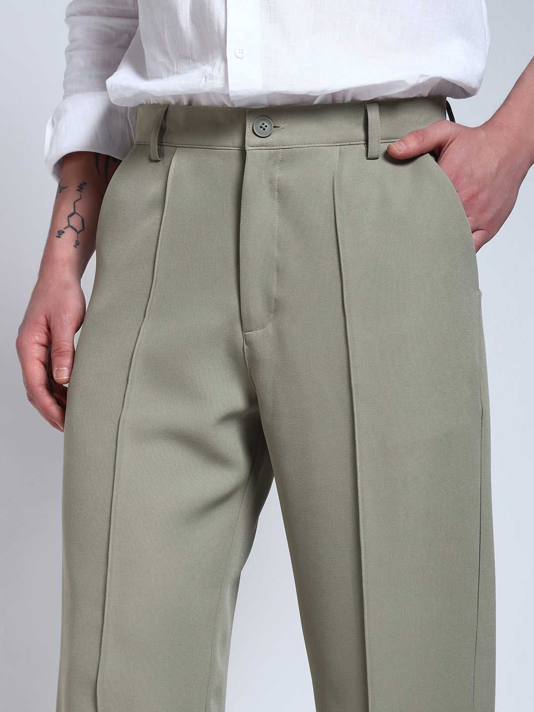 Light Pista Green Solid Pintuck Korean Pants