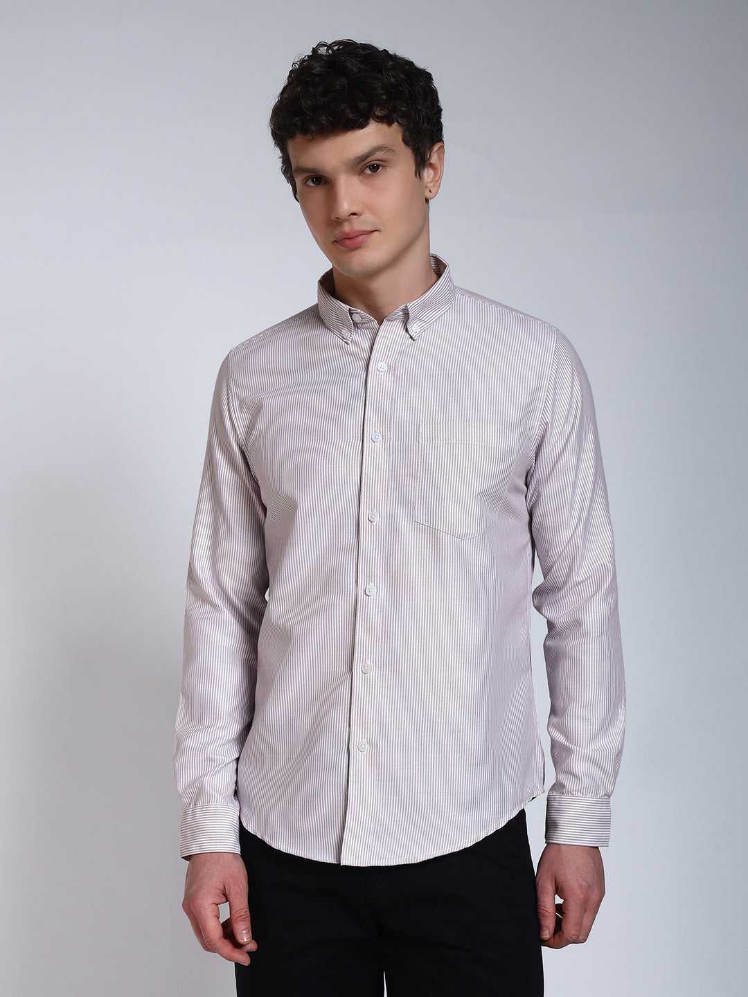 Brown Striped Slim Fit Cotton Shirt