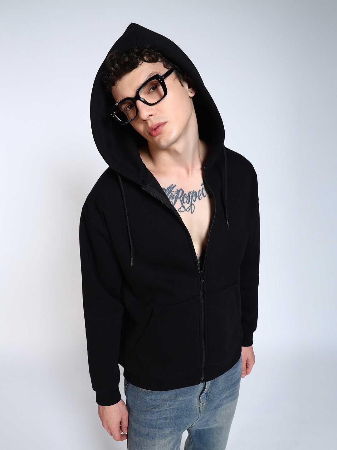 Black Solid Regular Fit Zipper Hoodie Sweatshirt