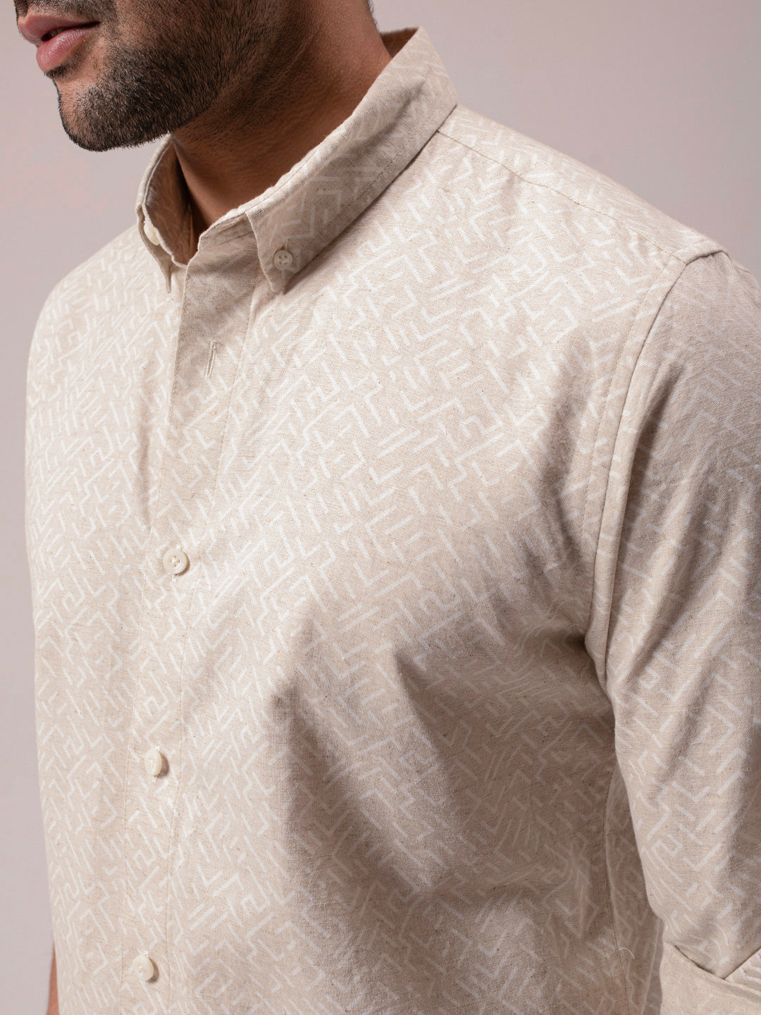 Beige Color Abstract Print Linen Cotton Shirt