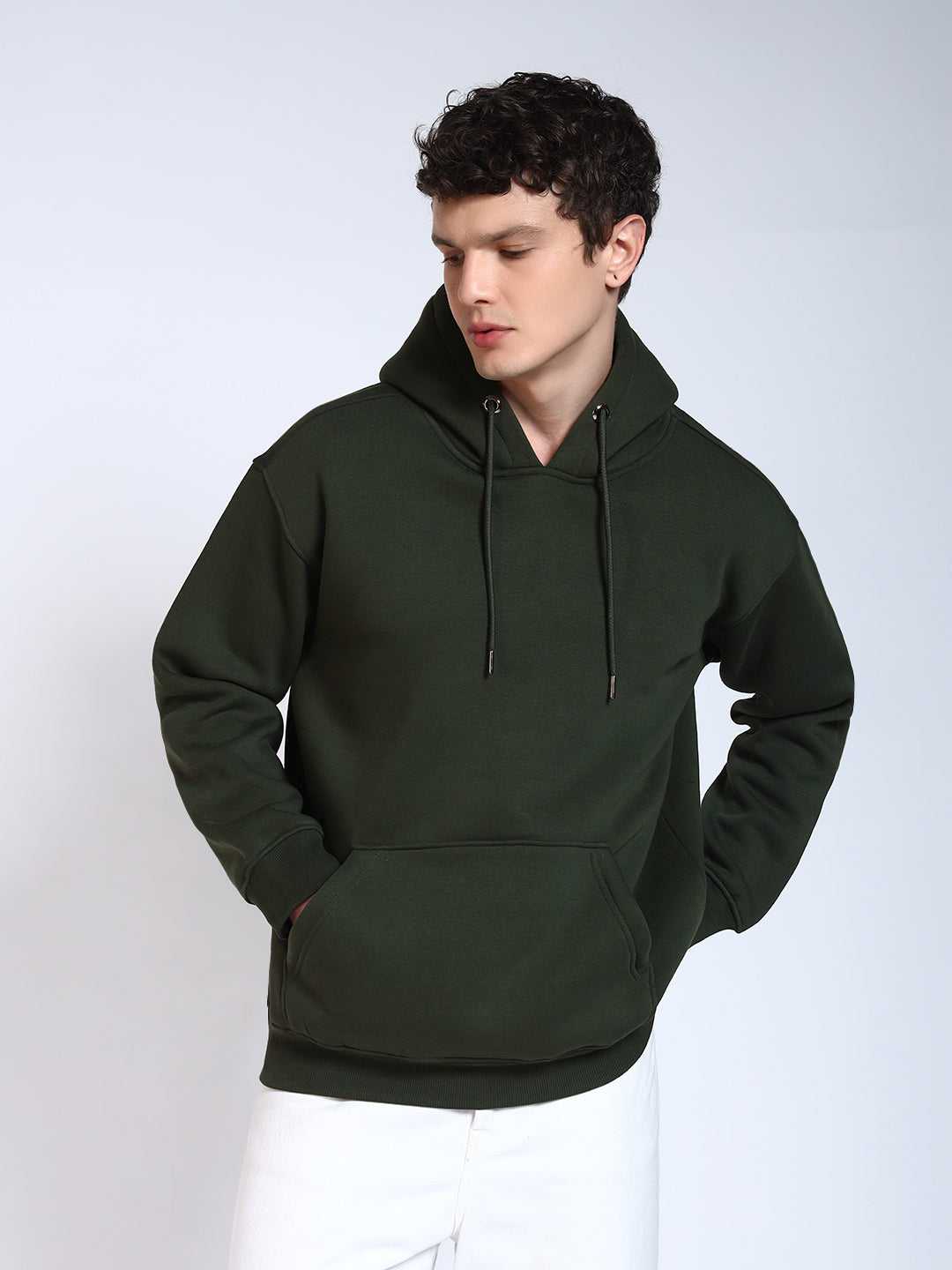 Olive Green Solid Regular Fit Hoodie Sweatshirt