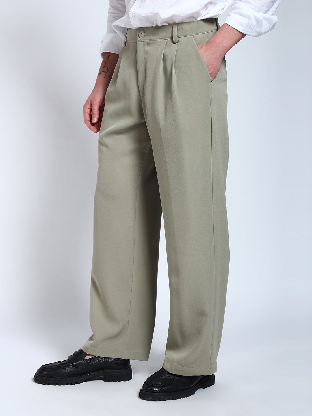 Light Pista Green Solid Pleated Korean Pants