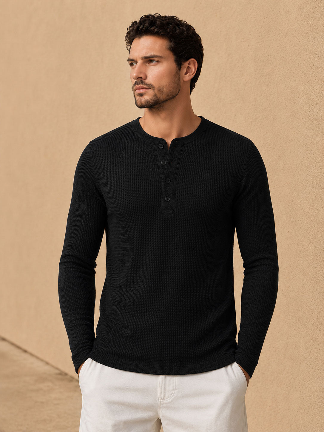 Black Waffle Henley Full Sleeve T-Shirt