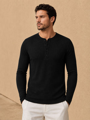 Black Waffle Henley Full Sleeve T-Shirt