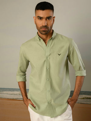 Pista Green Solid Slim Fit Linen Cotton Shirt