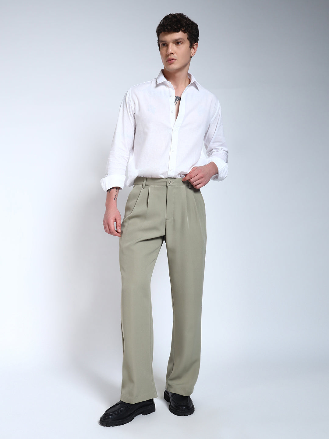 Light Pista Green Solid Pleated Korean Pants