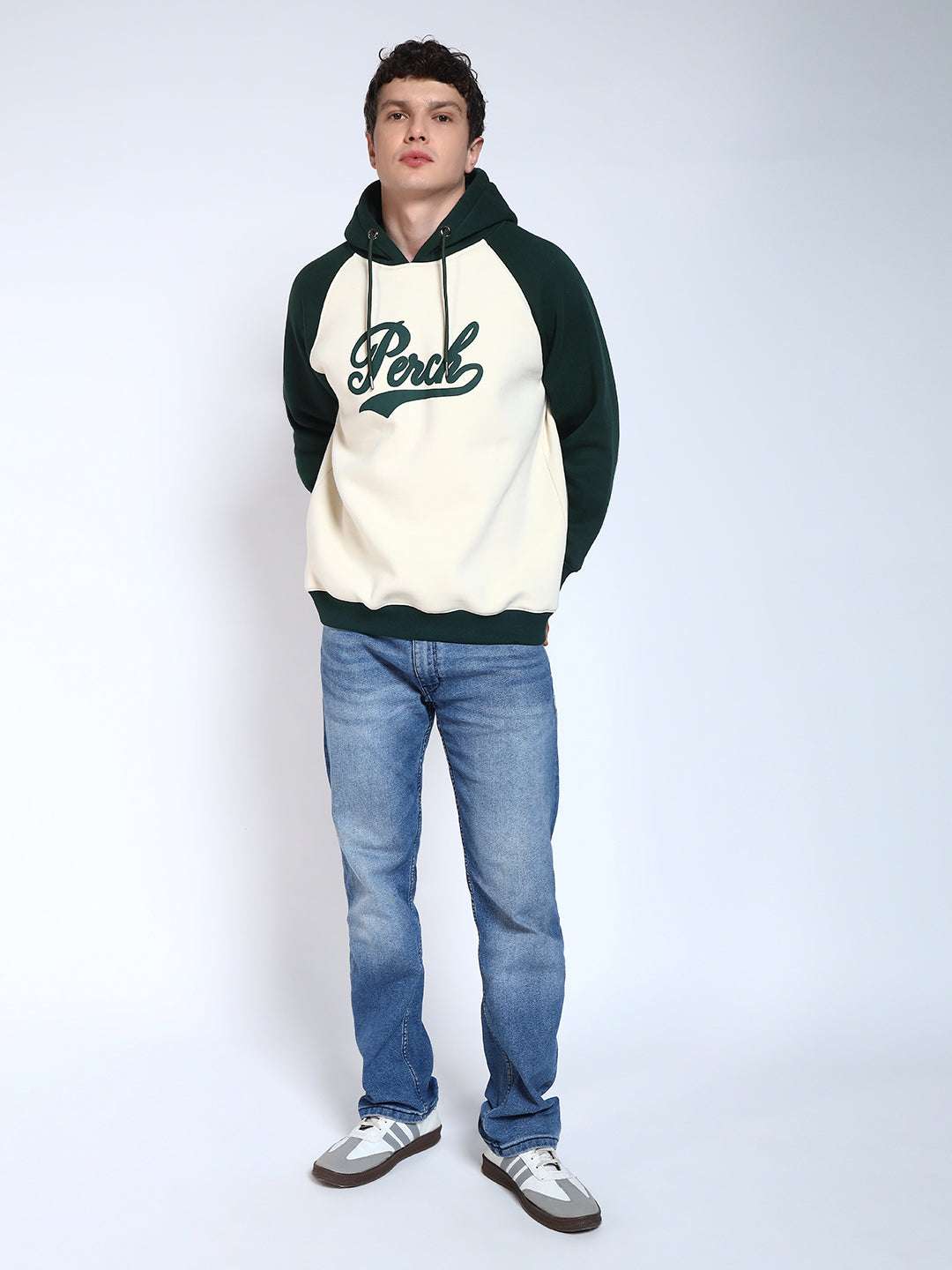 Bottle Green Colour Blocked Regular Fit Hoodie Sweatshirt