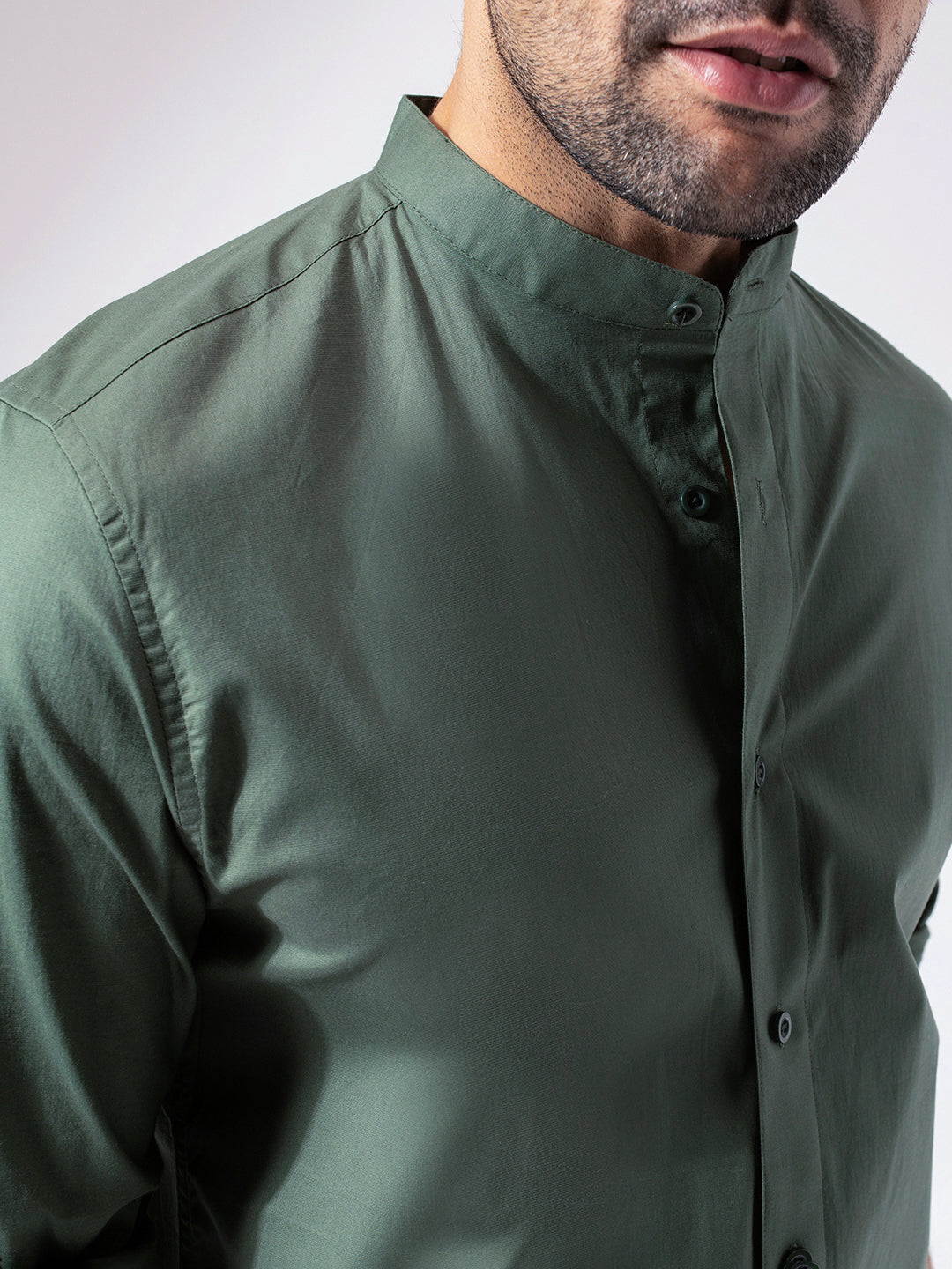 Green Band Collar Solid Cotton Shirt