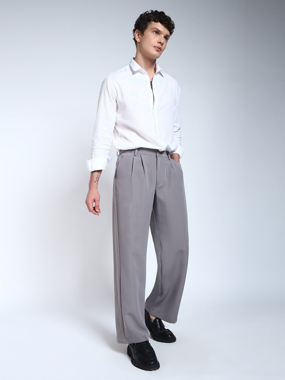 Light Grey Solid Pleated Korean Pants