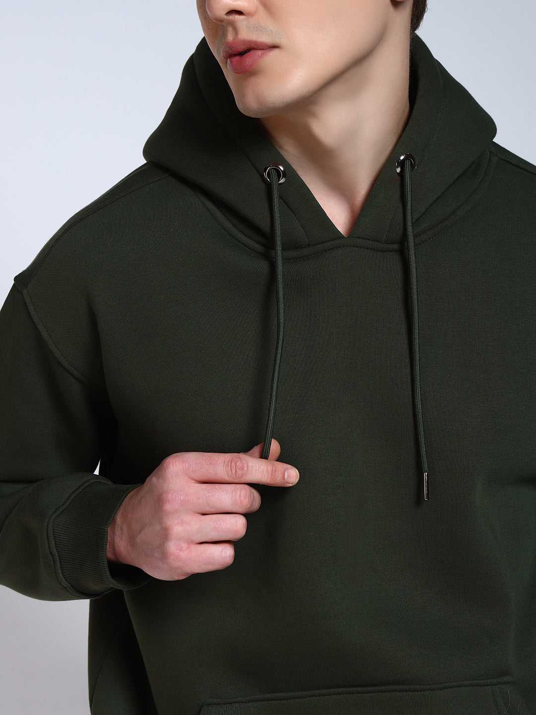 Olive Green Solid Regular Fit Hoodie Sweatshirt